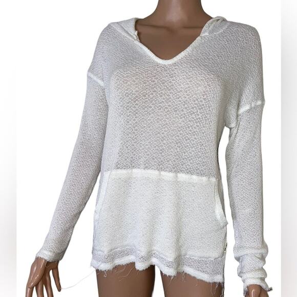 Billabong white loose knit pull over hooded kangaroo pouch SZ XS gauze like - Picture 2 of 13